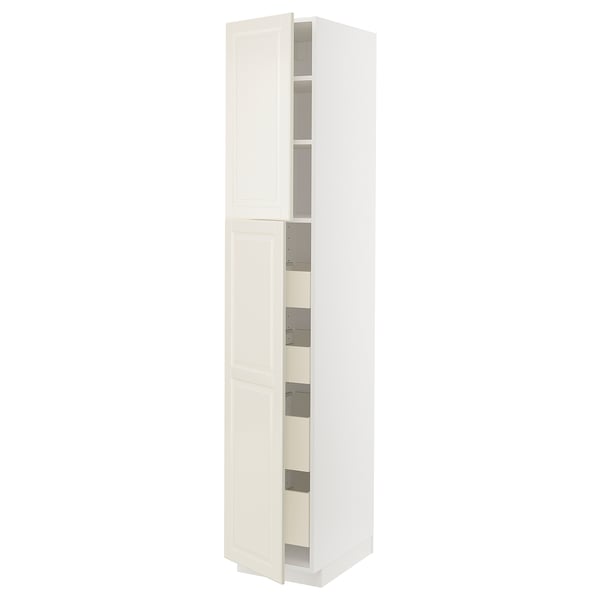 Ikea METOD white kitchen cabinet with off-white doors, beveled edges, and adjustable shelves.