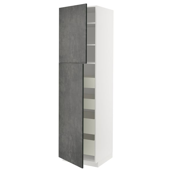 METOD / MAXIMERA Hi cab w 2 doors/4 drawers, white/Kalhyttan dark grey concrete effect, 60x60x220 cm