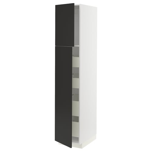 Modern white cabinet with black doors, metal handles, and glass shelves.