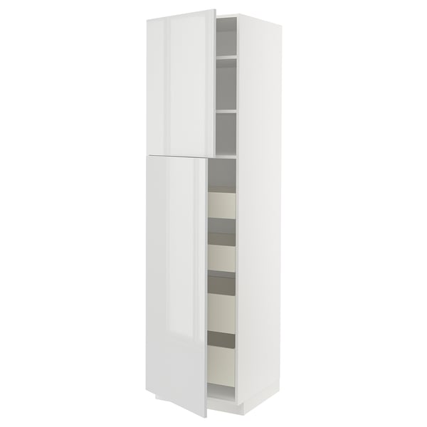 White high gloss kitchen cabinet with gray shelves, standing upright with doors and drawers.