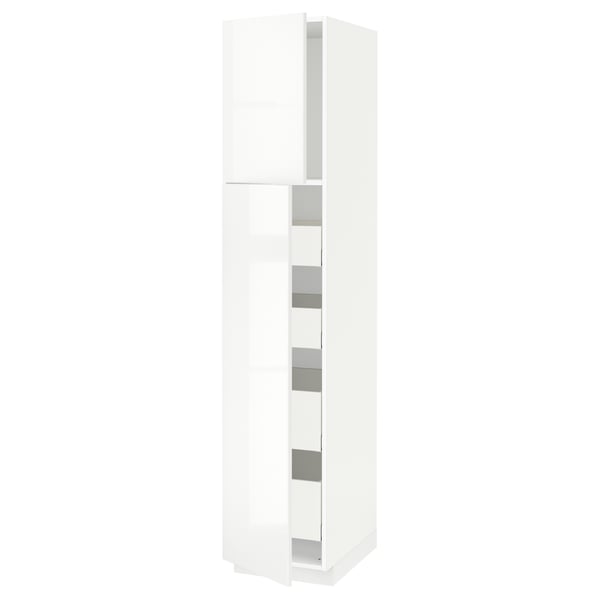 Modern high gloss white kitchen cabinet from METOD system, rectangular with sleek, smooth design, featuring multiple shelves and spacious interior.