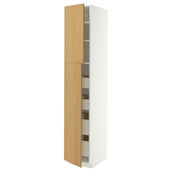 A white METOD high cabinet with a light wooden door, featuring multiple shelves inside.