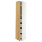 A white METOD high cabinet with a light wooden door, featuring multiple shelves inside.