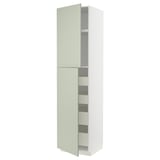 White METOD cabinet, green accents, multiple shelves, drawers.