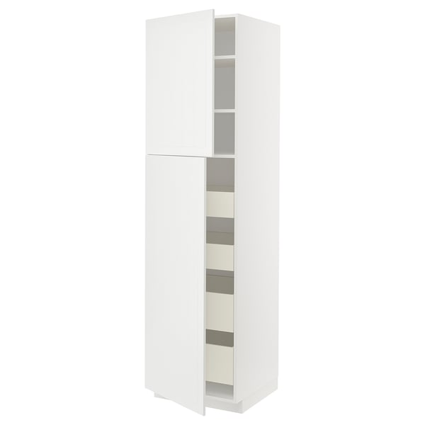 This image shows a white, tall kitchen cabinet from the METOD system with multiple shelves and drawers, a modern and sleek design.