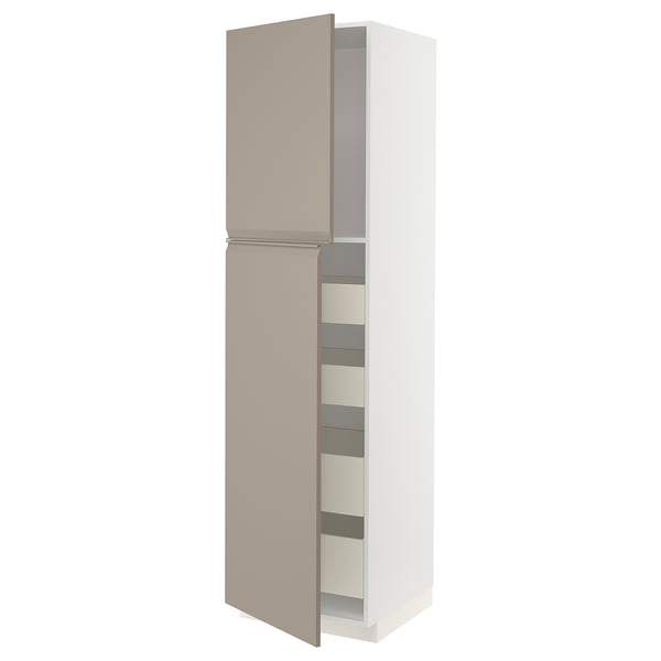 METOD kitchen unit with beige cabinets, integrated handles, and metal shelves.