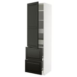 Black and white kitchen cabinet with multiple shelves and drawers.