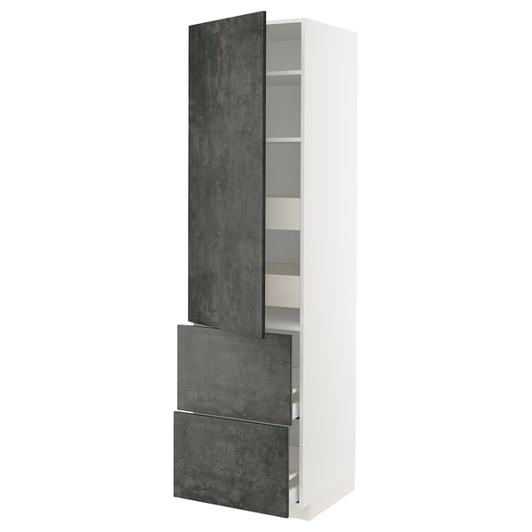 Modern white kitchen cabinet with dark grey doors and drawers.