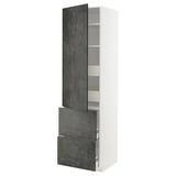 Modern white kitchen cabinet with dark grey doors and drawers.
