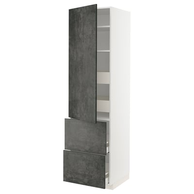 Modern white kitchen cabinet with dark grey doors and drawers.