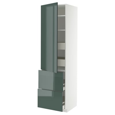 Modern tall cabinet with high-gloss grey-green kallarp fronts, adjustable shelves, soft-close drawers, and a sleek design.