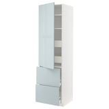 Modern light blue storage cabinet with shelves & drawers for contemporary kitchens.