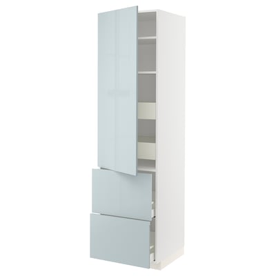 Modern light blue storage cabinet with shelves & drawers for contemporary kitchens.