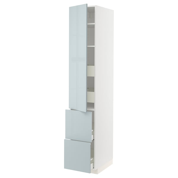 An ikea METOD kitchen cabinet in white and grey-blue, with multiple adjustable shelves and a drawer.