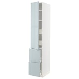 An ikea METOD kitchen cabinet in white and grey-blue, with multiple adjustable shelves and a drawer.