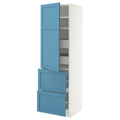 METOD / MAXIMERA Hi cab w shlvs/4 drawers/dr/2 frnts, white/Lerhyttan blue, 60x60x200 cm