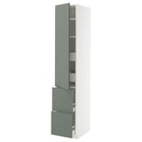 Modern tall cabinet with grey-green doors, sleek design, adjustable shelves, and drawers.