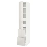 A white METOD kitchen cabinet with high gloss finish, featuring a tall unit with shelves and drawers.