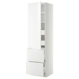 White METOD cabinet with gloss drawers, two drawers, open shelf, sleek design.