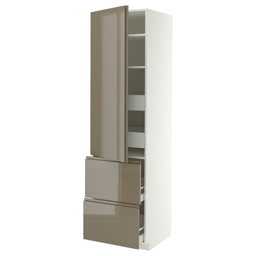 METOD / MAXIMERA Hi cab w shlvs/4 drawers/dr/2 frnts, white/VOXTORP high-gloss dark grey-brown vertical, 60x60x220 cm