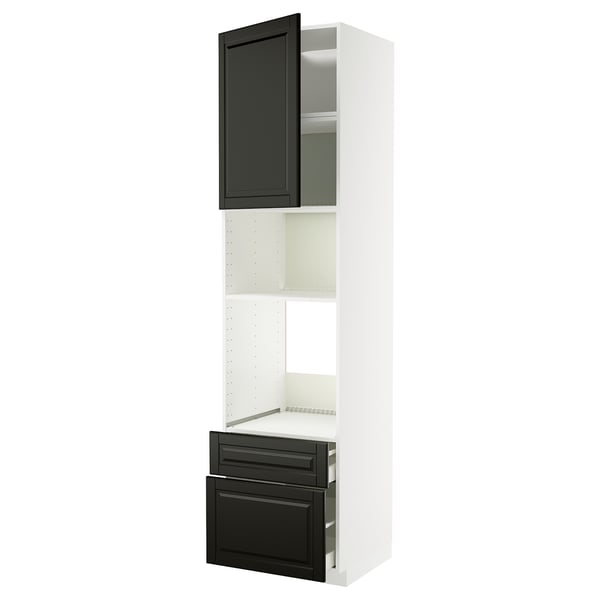 Modern black & white kitchen cabinet. Tall unit with drawers & shelves. Sophisticated design, sturdy & sleek.