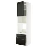 Modern black & white kitchen cabinet. Tall unit with drawers & shelves. Sophisticated design, sturdy & sleek.