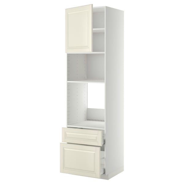 This image shows a tall white METOD kitchen unit with off-white bevelled bodbyn doors and drawers, including shelves and dampers.