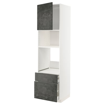 A white METOD kitchen unit with dark grey concrete effect kalhyttan drawers and doors. It has an adjustable shelf and smooth-running drawers.