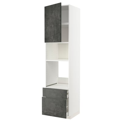 Modern white METOD kitchen unit with dark grey drawers and door. Tall, slim, multiple compartments, sleek and contemporary design.