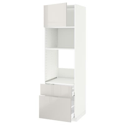 White, modern kitchen cabinet with shelves and drawers.