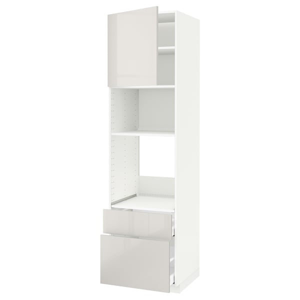 A white METOD kitchen unit with high glossy doors and drawers, featuring shelves and a drawer with dampers for smooth closure.