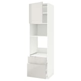 A white METOD kitchen unit with high glossy doors and drawers, featuring shelves and a drawer with dampers for smooth closure.