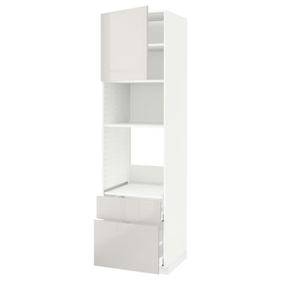 A white METOD kitchen unit with high glossy doors and drawers, featuring shelves and a drawer with dampers for smooth closure.