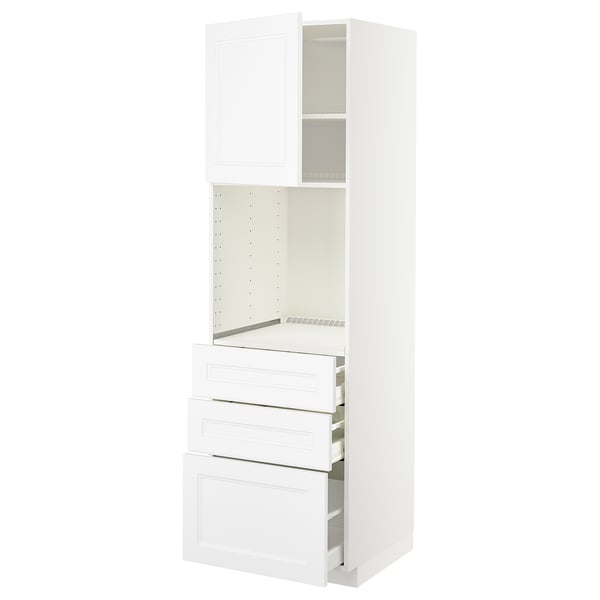 A white METOD kitchen cabinet with multiple storage options, including drawers and shelves.