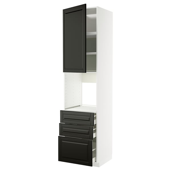 A white METOD kitchen cabinet with black bodbyn fronts, featuring a tall unit with a door and multiple drawers.