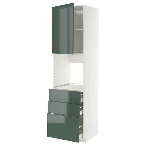 Modern kitchen unit: METOD with kallarp high-gloss grey-green doors, steel drawers, white frame.