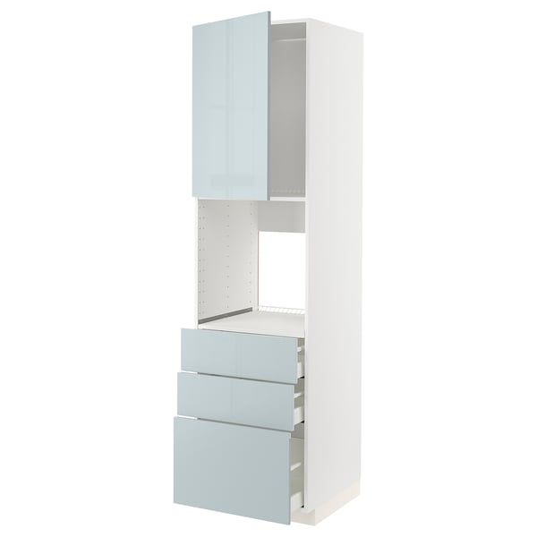 White kitchen unit with high-gloss grey-blue drawers and cabinet.