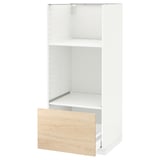 METOD kitchen unit: white with light wooden drawer. Tall, rectangular shape with adjustable shelf inside.