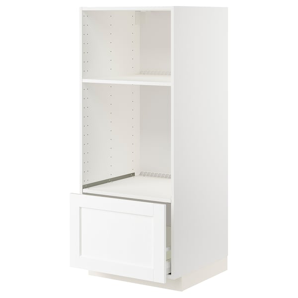 METOD white cabinet system. Tall, rectangular, modern design with adjustable shelf, pull-out drawer, and ventilated area.
