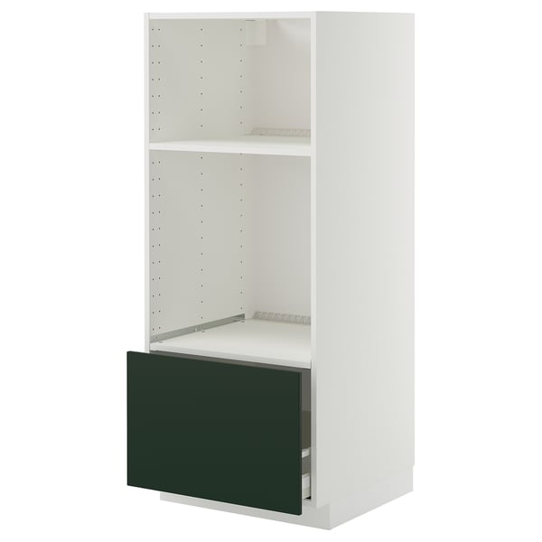 An a white METOD kitchen cabinet with a green drawer. It has two shelves and the drawer is partially open, showcasing storage options.