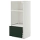An a white METOD kitchen cabinet with a green drawer. It has two shelves and the drawer is partially open, showcasing storage options.
