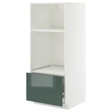 A white METOD kitchen cabinet with a high-gloss green drawer. The cabinet is tall with two open shelves and one pull-out drawer.