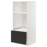 A white METOD kitchen cabinet with a black drawer, modern and minimalist design, including a shelf.