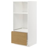 METOD white high cabinet with oak drawer, minimalist design.