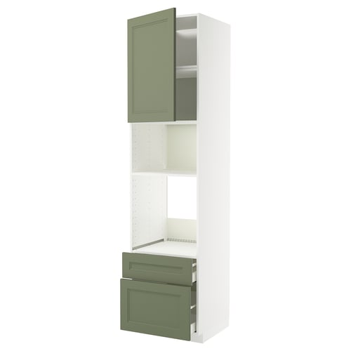 METOD kitchen unit in grey-green, featuring cabinets with drawers and shelves, sturdy white frame, green doors, and adjustable shelves.