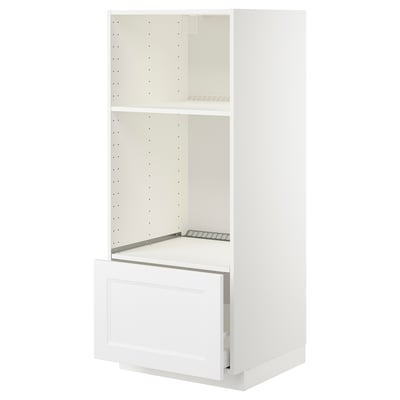 A white METOD kitchen cabinet with a drawer and adjustable shelf.