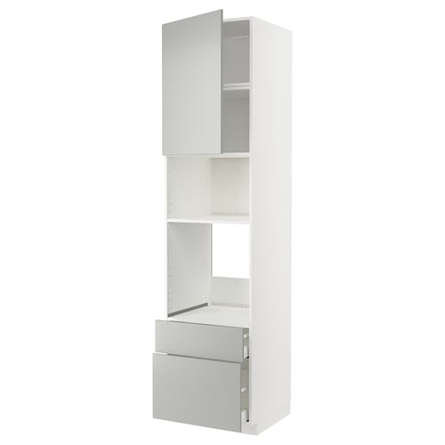 A white METOD kitchen unit with light grey handles and shelves.