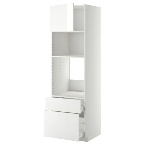 Displays a white ikea METOD kitchen unit with high-glossy fronts, featuring shelves and drawers for storage.