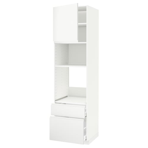 METOD kitchen unit: white, slim, tall, with shelves and drawers, modern minimalist design.