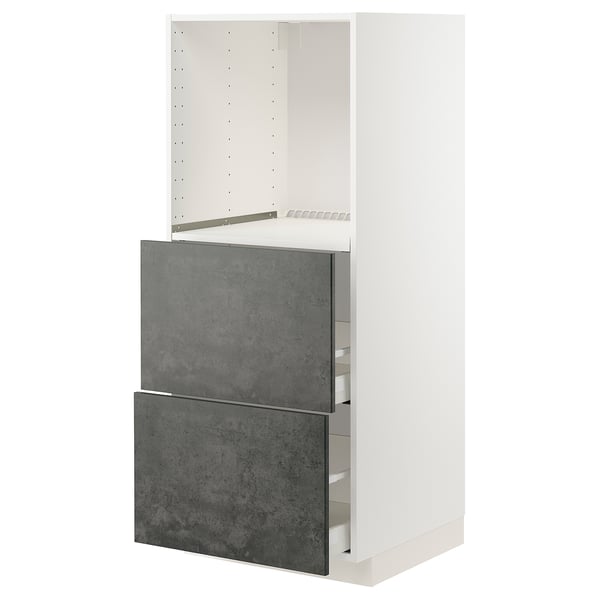 A white ikea METOD kitchen unit featuring two dark grey drawers with a concrete effect, designed to hold a fridge or oven.